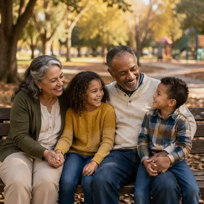 Grandparents and Grandchildren on Park Bench