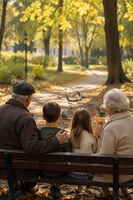 Grandparents and Grandchildren on Autumn Park Bench