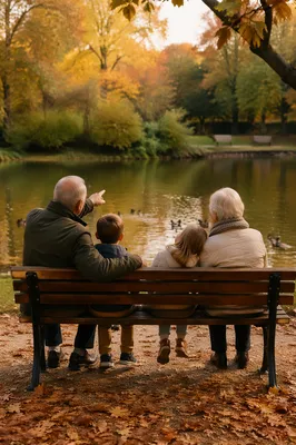 Grandparents and Grandchildren by Park Pond