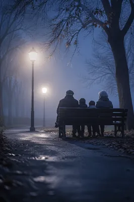 Grandparents and Grandchildren on Misty Park Bench