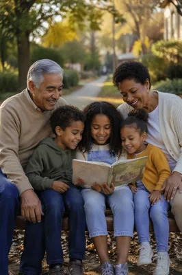 Grandparents and Grandchildren on Park Bench
