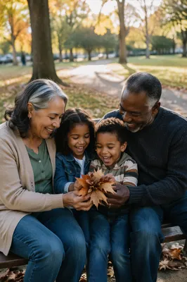 Grandparents and Grandchildren Laughing on Park Bench