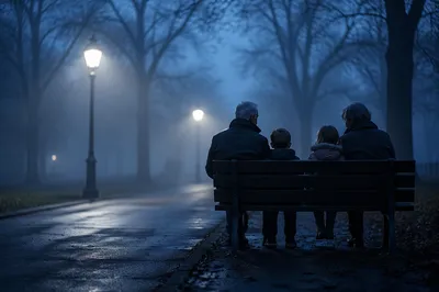 Grandparents and Grandchildren on Misty Park Bench