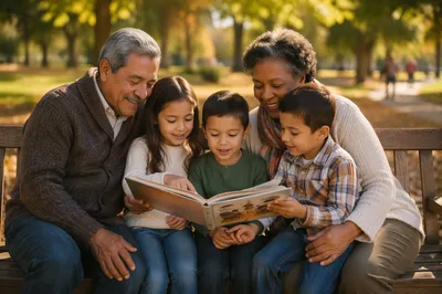 Grandparents and Grandchildren on Park Bench