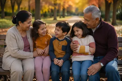 Grandparents and Grandchildren on Autumn Park Bench
