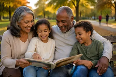 Grandparents and Grandchildren on Park Bench