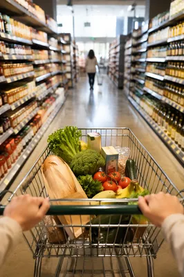 Grocery Cart in Bright Supermarket Aisle
