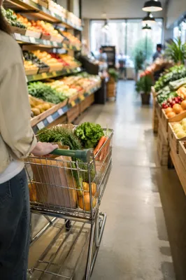 Shopping Cart in Bright Produce Aisle