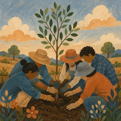Volunteers Planting Young Tree at Dusk
