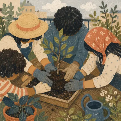 Shared Hands Planting a Balcony Sapling
