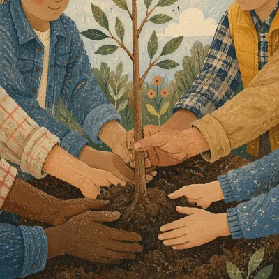 Community Hands Planting a Young Tree
