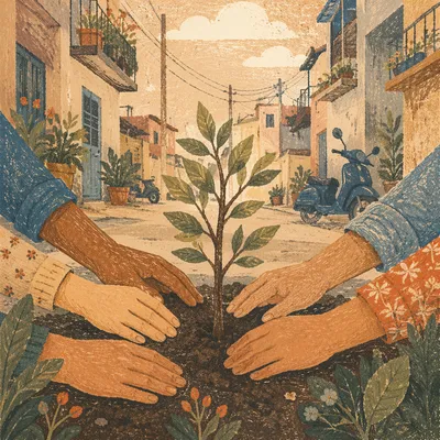 Community Hands Planting Hopeful Urban Tree