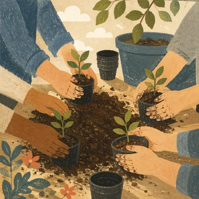 Community Hands Planting Young Tree Seedlings