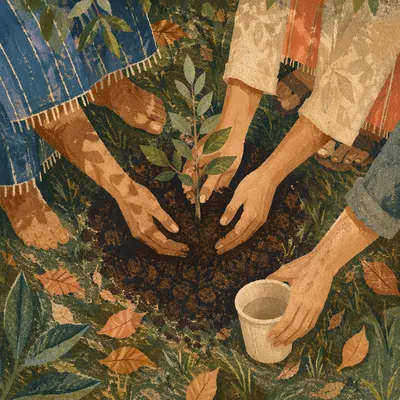 Hands Planting Young Tree in Garden Soil
