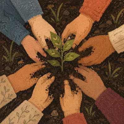 Community Hands Planting Hopeful Tree Seedling