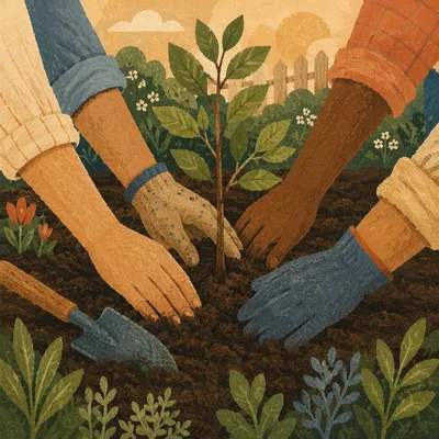 Community Hands Planting Young Tree Together