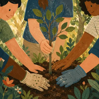 Volunteer Hands Planting Young Tree Together