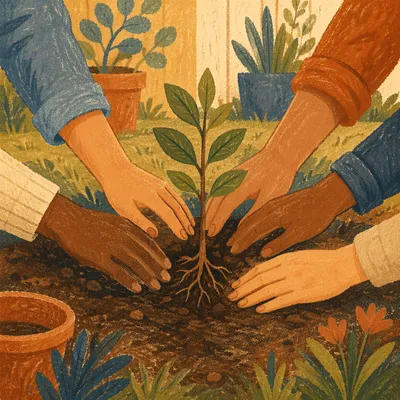 Diverse Hands Planting Sapling in Garden