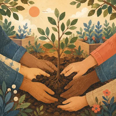Hands Planting a Young Tree Together