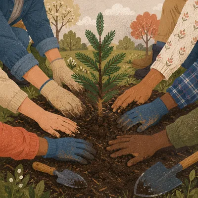 Community Hands Planting Evergreen Sapling Together