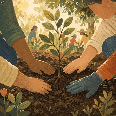 Hands Planting a Sapling in Community Garden