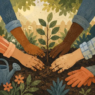 Hands Planting Sapling in Community Garden