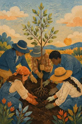 Community Hands Planting Young Tree at Dusk