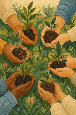 Community Hands Planting Young Trees Together