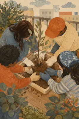 Diverse Hands Planting Tree on Balcony