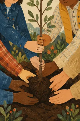Community Hands Planting a Young Tree