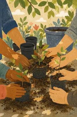 Community Hands Planting Young Tree Seedlings