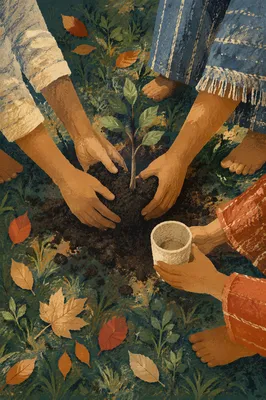 Community Hands Planting a Young Tree