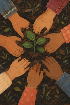 Community Hands Planting a Hopeful Seedling