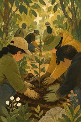 Volunteers Planting Sapling in Woodland Clearing