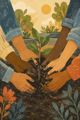 Hands Planting a Sapling Together