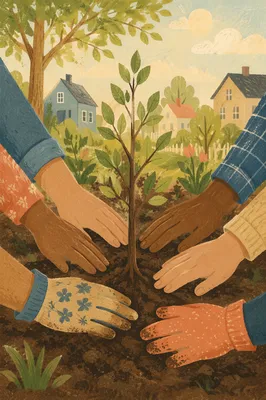 Community Hands Planting a Young Tree