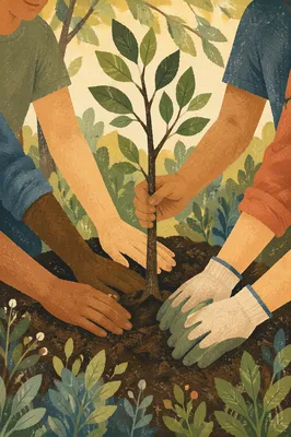 Volunteer Hands Planting Young Tree Together