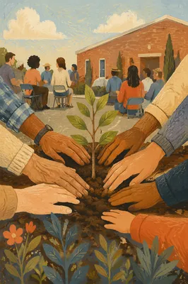 Community Hands Planting a Young Tree
