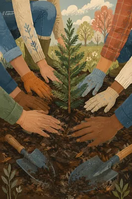 Community Hands Planting Evergreen Sapling Together
