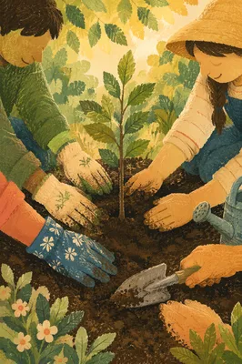 Hands Planting Sapling in Community Garden