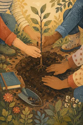 Hands Planting Sapling in Community Garden