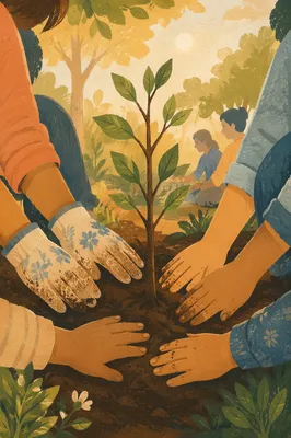 Community Hands Planting Hopeful Sapling