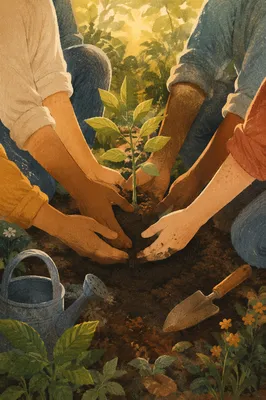 Community Hands Planting a Hopeful Sapling