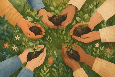 Community Hands Planting Young Trees Together