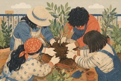 Diverse Hands Planting Tree on Balcony