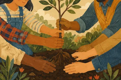 Community Hands Planting Young Tree Together