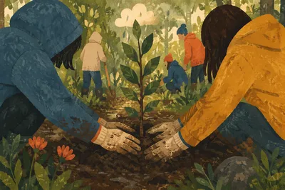Community Hands Planting a Hopeful Sapling
