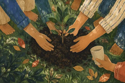 Hands Together Planting a Young Tree