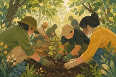 Volunteers Planting a Young Tree Together