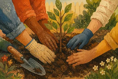 Community Hands Planting Young Tree Together
